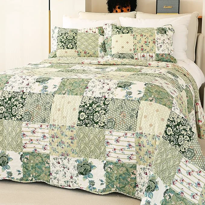 Trendy Cmfshape Summer Floral Queen Quilted Bedspread Romantic Green Quilt Set Reversible Stitched Bedding Cover All Season Soft Lightweight Coverlet with Pillow Cases Green amp White Queen90 x90 Certified