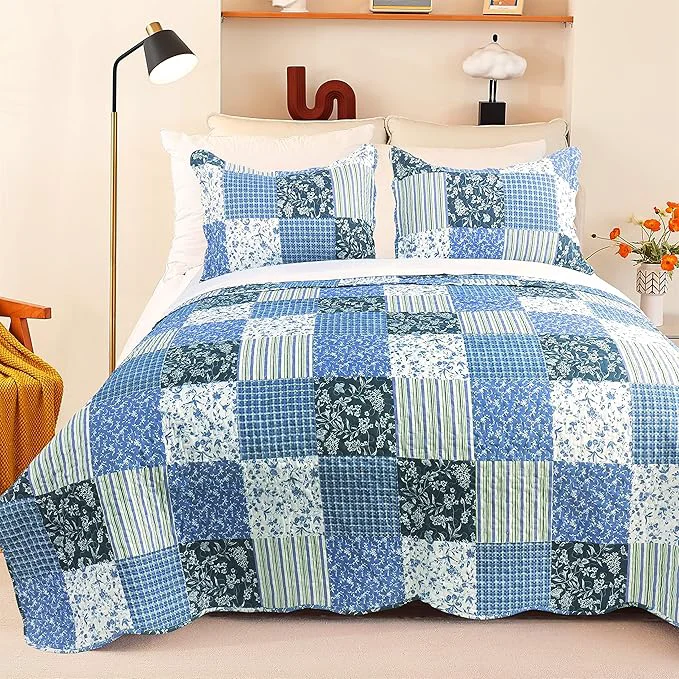 Relaxed Cmfshape Summer Floral King Quilted Bedspread Romantic Pink Quilt Set Reversible Stitched Bedding Cover All Season Soft Lightweight Coverlet with Pillow Cases Blue amp White King 102 quot x90 quot Consistent