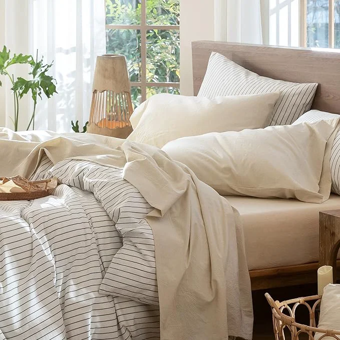 Environmentally Friendly MooMee Bedding Sheet Set Washed Cotton Linen Like Textured Breathable Durable Soft Comfy Heathered Almond Milk Grey King Quality