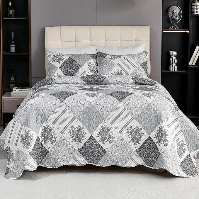 Natural Cmfshape Summer Floral King Bedspread Romantic Grey Quilt Set King Reversible Stitched Bedding Set All Season Soft Lightweight Coverlet with Pillow Cases Dark Grey King102 x90 Easy-to-Use