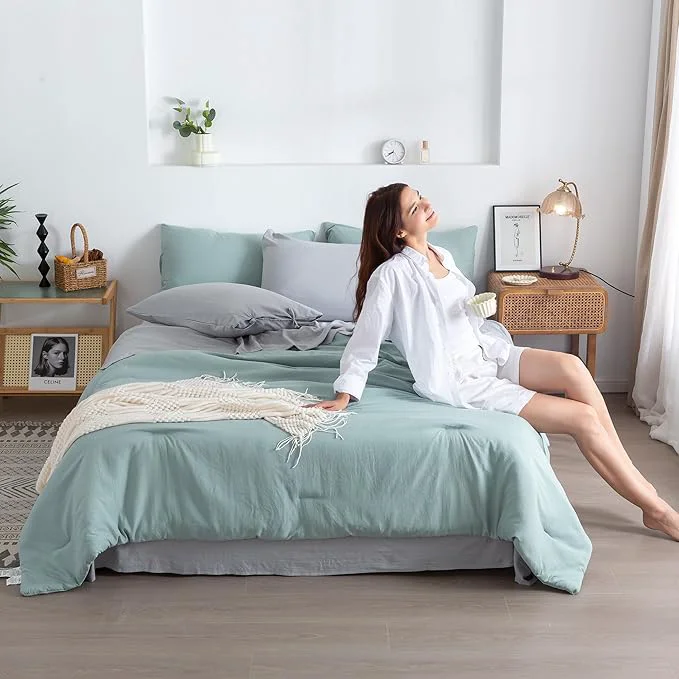 Next-Generation OTTEBED Ultra-Soft Queen Comforter Set with Sheets – Boho 7 Piece Bed in a Bag Lightweight All Season Use Aesthetic Washed PolyCotton QUEEN Sage Green Comforter with Grey Bedding Sheet Set Pillowcase Breathable