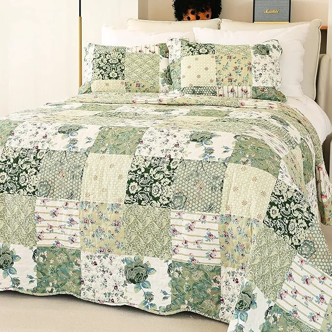 Official Cmfshape Summer Floral Oversized King Quilted Bedspread Romantic Green Quilt Set Reversible Stitched Bedding Cover All Season Soft Lightweight Coverlet with Pillow Cases Green 114 quot x102 quot Natural