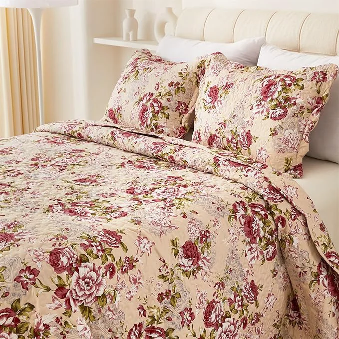 Fashionable Cmfshape Summer Floral Queen Quilted Bedspread Romantic Red Quilt Set Reversible Stitched Bedding Cover All Season Soft Lightweight Coverlet with Pillow Cases Red Rose Queen 90 quot x90 quot Innovative