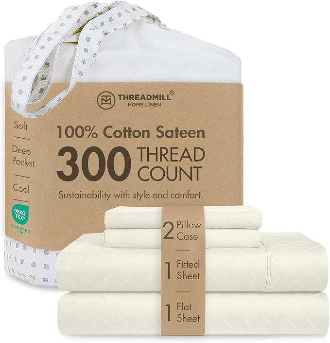 Durable Threadmill Cotton Full Size Sheet Set Cotton Sheets for Full Size Bed Damask Jacquard Full Bed Sheets Set with 16 Deep Pocket Soft Sateen Weave 4-Piece Cooling Bedding Set Ivory Expertly Made