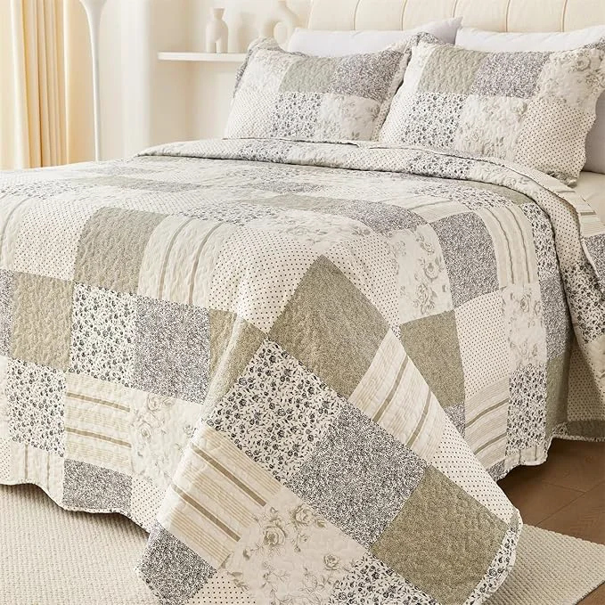 Pure Cmfshape Summer Floral King Quilt Set Grey Patchwork Quilts King Reversible Quilted Bedspread with 2 Shams Vintage Farmhouse Coverlet Grey King102 x90 Fashionable