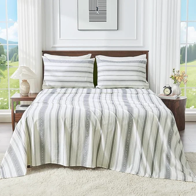 Efficient Linen Sheets Queen Size Breathable amp Durable 4-Piece Bed Flax Stripes Sheet Set Soft All-Season Bedding for Hot Sleepers 16 quot Deep Pocket Oeko-TEX （Queen Grey Stripes） Enhanced