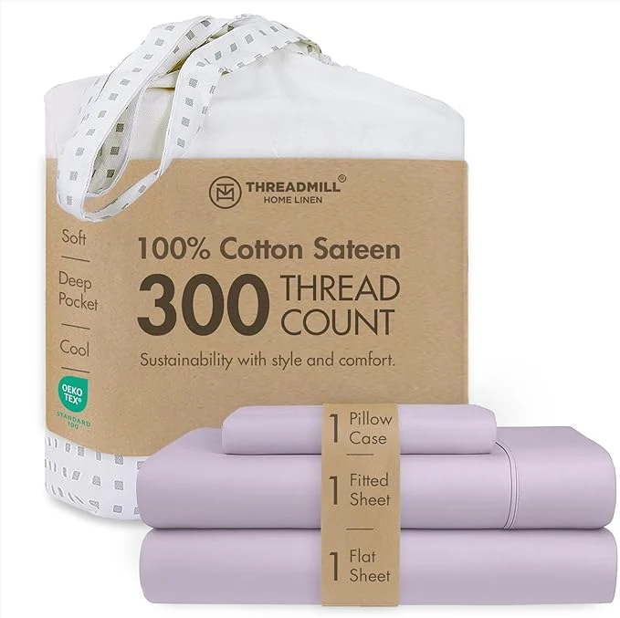 Pure Threadmill Cotton Twin XL Sheet Set Cotton Sheets for Twin XL Size Bed Solid Sateen Twin XL Bed Sheets Set with 16 Deep Pocket Soft Breathable 3-Piece Cooling Sheet Set Lilac Trendy