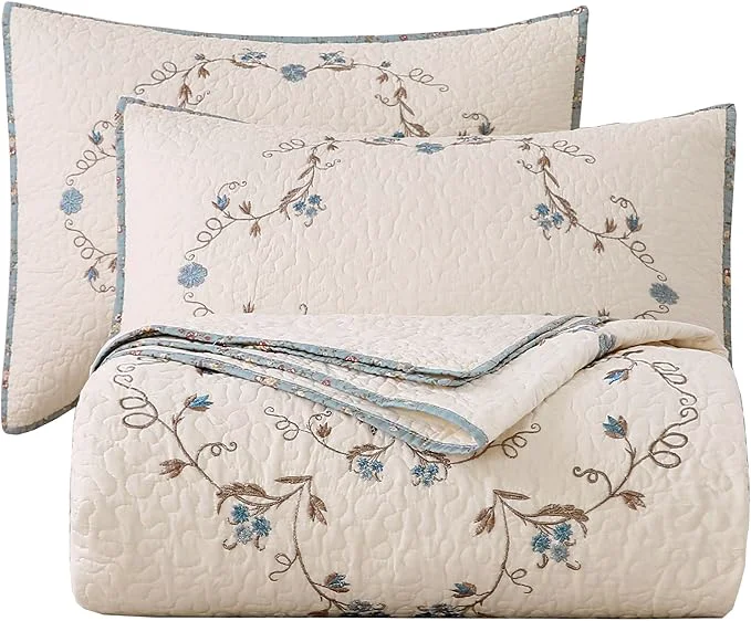 Crafted vctops 3-Piece Cotton Bedspread Coverlet Set King Size Elegant Floral Embroidered Reversible Patchwork 1 Quilt and 2 Pillow Shams Flower B King Excellent