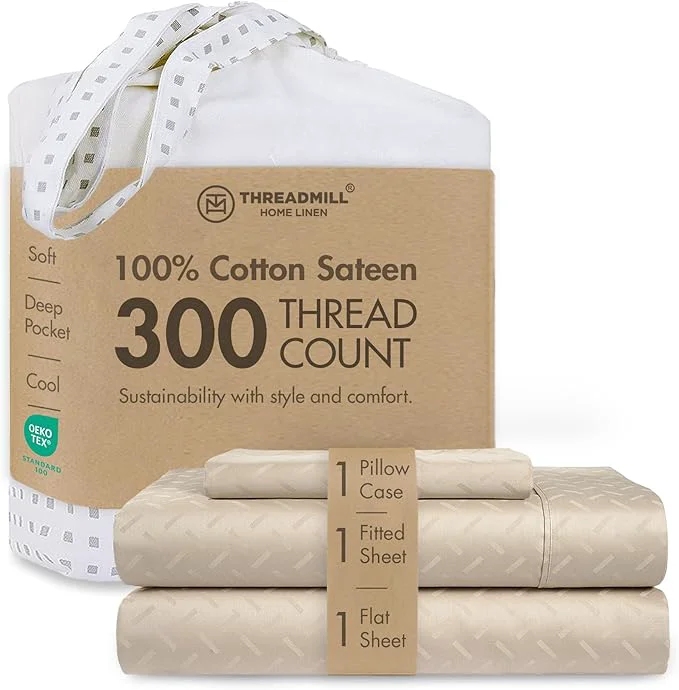 Dependable Threadmill Cotton Twin Sheet Set Cotton Sheets for Twin Size Bed Damask Jacquard Sateen Bed Sheets Set with 16 Deep Pocket Soft Breathable 3-Piece Cooling Sheet Set Beige Recyclable