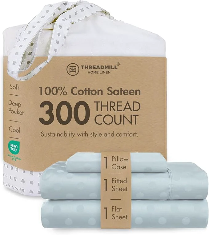 Excellent Threadmill Cotton Twin XL Sheet Set Cotton Sheets for Twin XL Size Bed Damask Jacquard Sateen Twin XL Bed Sheets Set with 16 Deep Pocket Soft Breathable 3 pc Cooling Sheet Set Light Blue Stylish