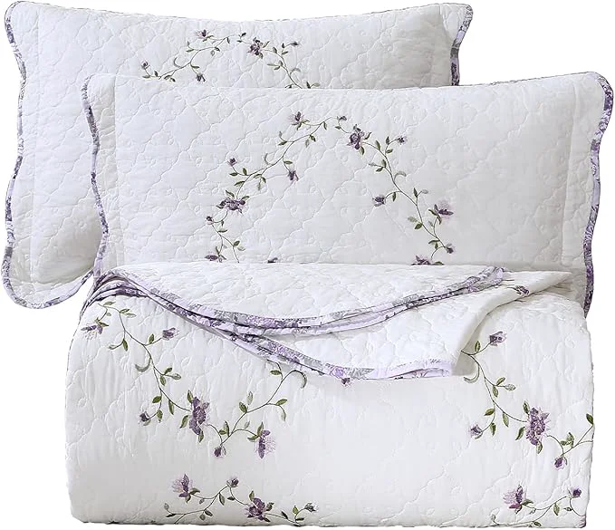 Verified vctops 3-Piece Elegant Floral Embroidered Bedspread Coverlet Set Oversize Queen Cotton Reversible Patchwork 1 Quilt and 2 Pillow Shams Purple Oversize Queen Relaxed