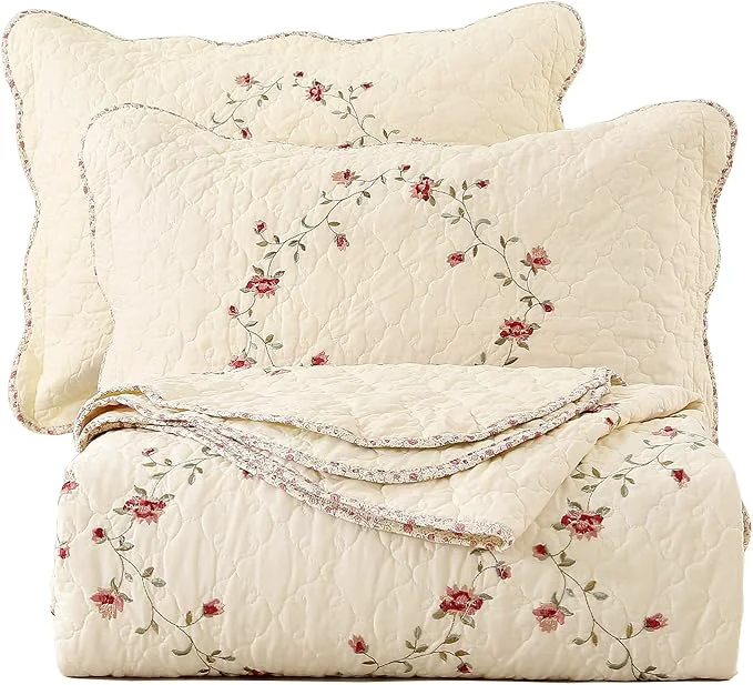 Elite vctops 3-Piece Floral Embroidered Bedspread Coverlet Set Twin Size Cotton Reversible Patchwork 1 Quilt and 2 Pillow Shams Flower Twin Selected