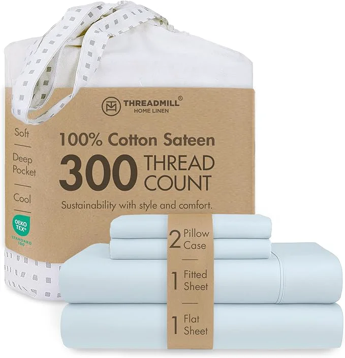 High-Quality Threadmill Cotton Queen Sheet Set Cotton Sheets for Queen Size Bed Solid Sateen Queen Bed Sheets Set with 16 Deep Pocket Soft Breathable 4-Piece Cooling Bedding Sheet Set Light Blue Verified