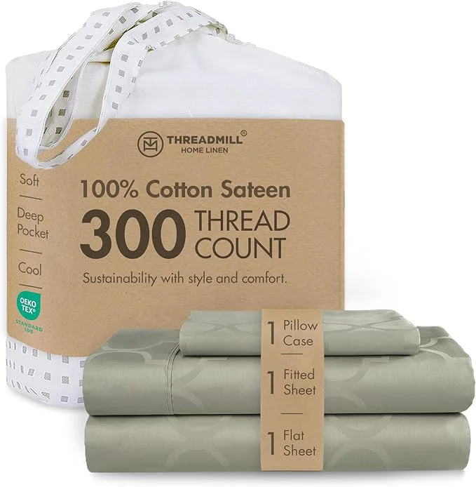 Trendy Threadmill Cotton Twin Sheet Set Cotton Sheets for Twin Size Bed Damask Jacquard Sateen Twin Bed Sheets Set with 16 Deep Pocket Soft Breathable 3-Piece Cooling Sheet Set Sage Powerful