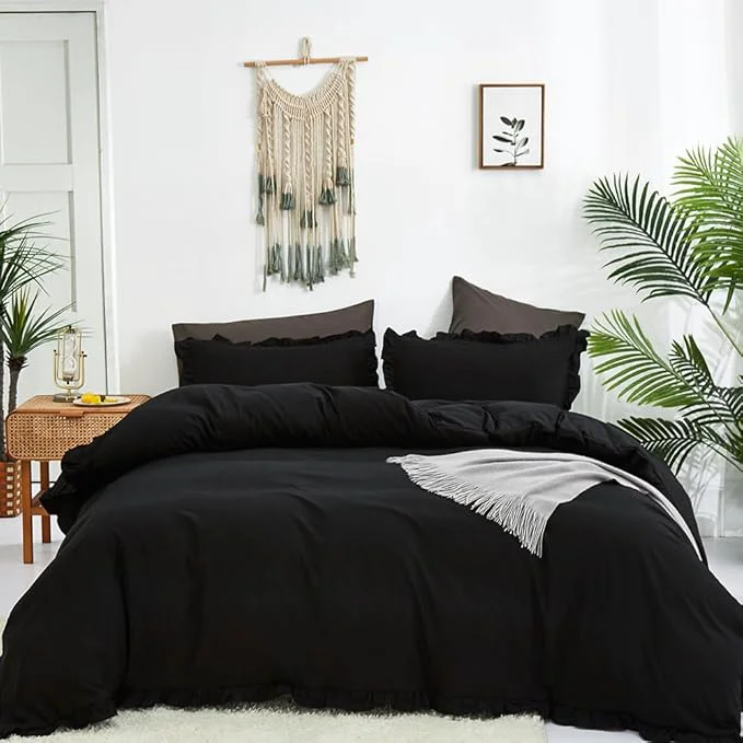 Modern CLOTHKNOW Black King Size Comforter Set 3Pcs Ruffle Bedding Comforter Sets Soft Shabby Chic Farmhouse Comforter with 2 x Pillowcases Reusable