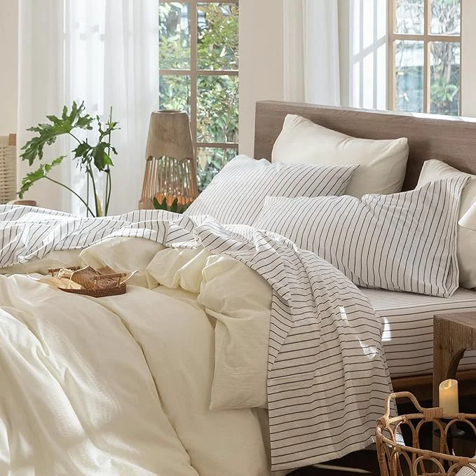Detailed MooMee Striped Sheet Set Washed Cotton Linen Like Textured Breathable Durable Soft Comfy White Dark Grey Wide Stripes Twin Powerful