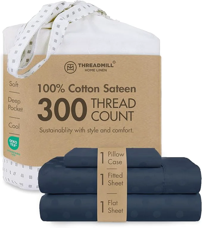 Artisan Threadmill Cotton Twin XL Sheet Set Cotton Sheets for Twin XL Size Bed Damask Jacquard Sateen Twin XL Bed Sheets Set 16 Deep Pocket Soft Breathable 3pc Cooling Sheet Set Folkstone Blue High-Grade