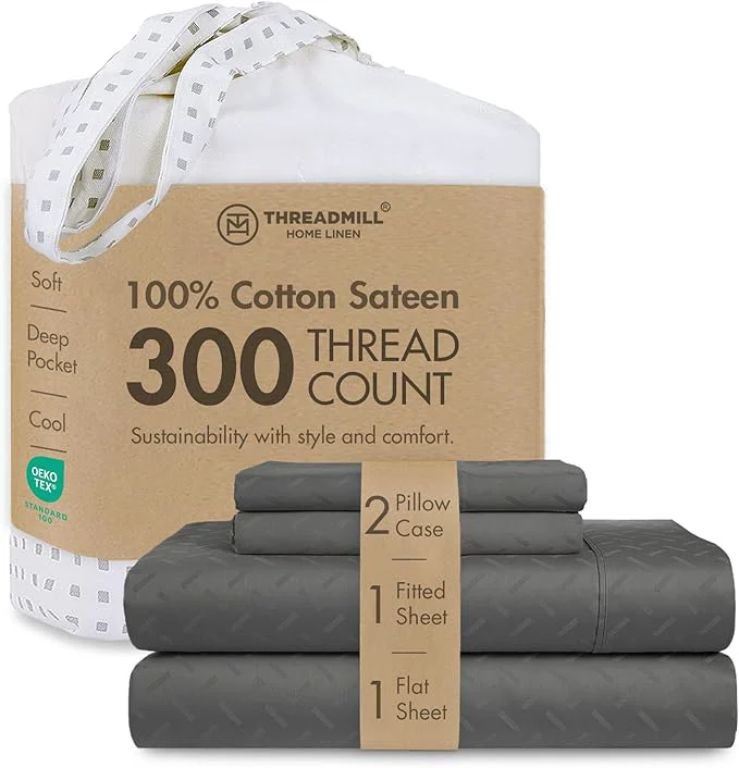 Fine Threadmill Cotton Full Size Sheet Set Cotton Sheets for Full Size Bed Damask Jacquard Full Bed Sheets Set with 16 Deep Pocket Soft Sateen Weave 4-Piece Cooling Bedding Set Dark Grey