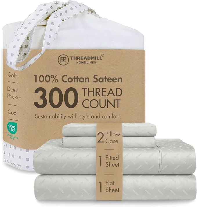 Verified Threadmill Cotton Full Size Sheet Set Cotton Sheets for Full Size Bed Damask Jacquard Full Bed Sheets Set with 16 Deep Pocket Soft Sateen Weave 4-Piece Cooling Bedding Set Light Grey Secure