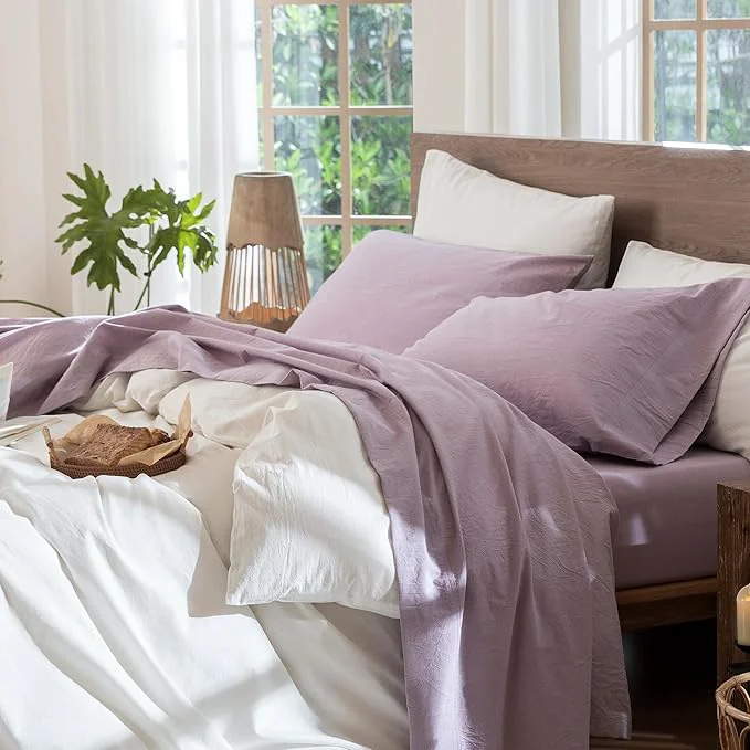 Specialty MooMee Bedding Sheet Set Washed Cotton Linen Like Textured Breathable Durable Soft Comfy Heathered Light Purple Full Fast