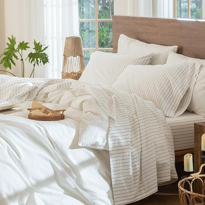 World-Class MooMee Striped Sheet Set Washed Cotton Linen Like Textured Breathable Durable Soft Comfy White Tannish Linen Grey Wide Stripes King Elegant
