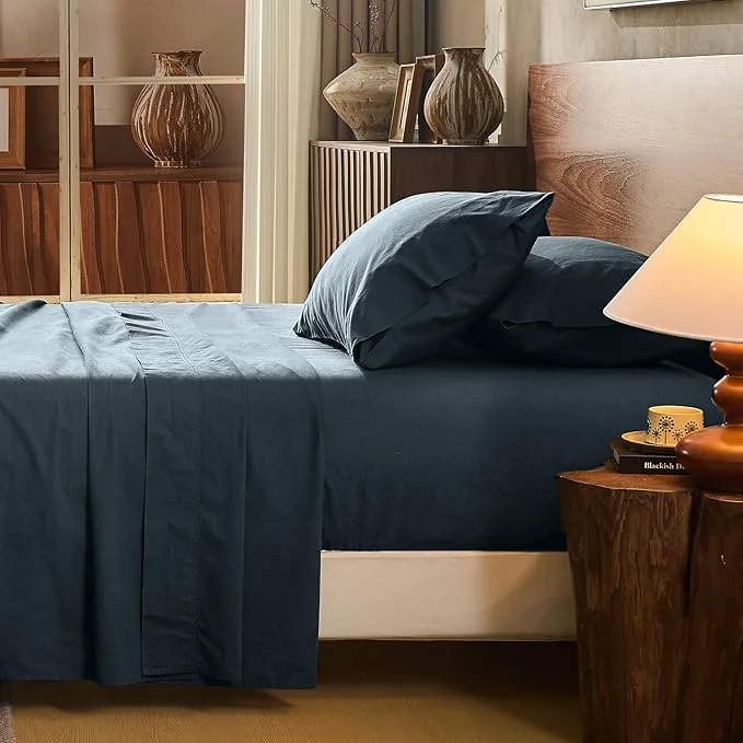 Comfortable Linen Sheet Set Cal King Size Extra Deep Pocket Fits 18-24 Inch Mattress Breathable amp Soft Smooth 4-Piece Set for Thick Mattresses Hotel Luxury Bedding（Cal King Navy Grey） High-End