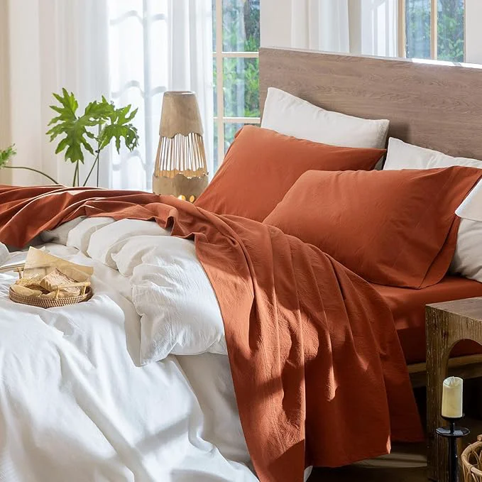 Environmentally Friendly MooMee Bedding Sheet Set Washed Cotton Linen Like Textured Breathable Durable Soft Comfy Solid Rust Brown Full Superior