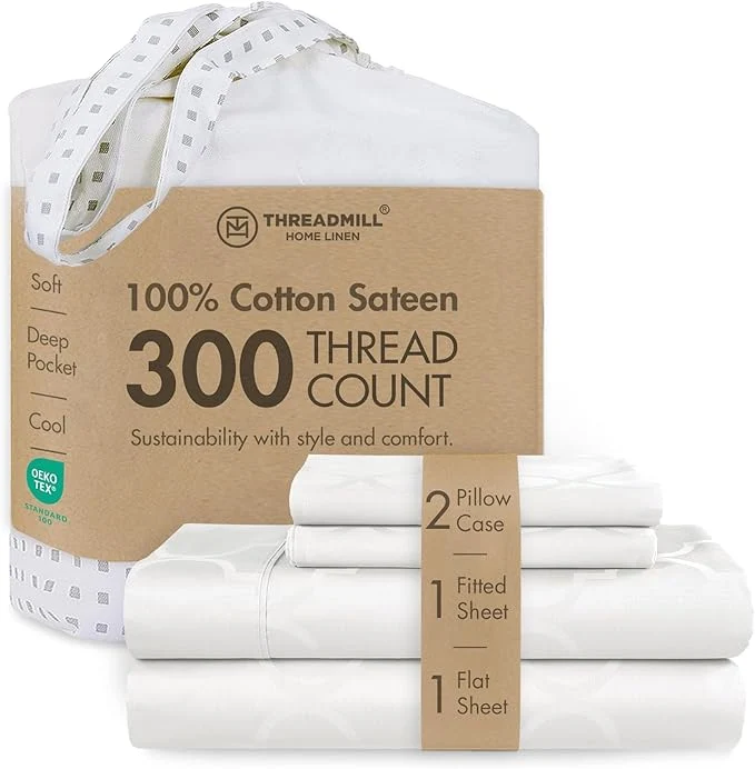 Practical Threadmill Cotton Full Size Sheet Set Cotton Sheets for Full Size Bed Damask Jacquard Full Bed Sheets Set with 16 Deep Pocket Soft Sateen Weave 4-Piece Cooling Bedding Set White Reusable