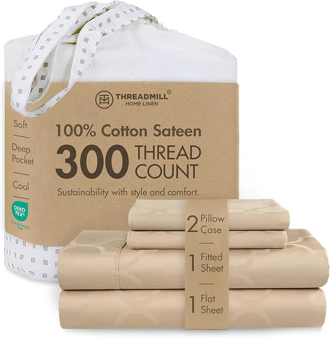 Genuine Threadmill Cotton Sheets for King Size Bed 4 Pc King Bed Sheets Set Soft Breathable Lightweight Damask Sateen for All-Season Use Snug Fit Elastic Deep Pocket King Sheets Beige Pure