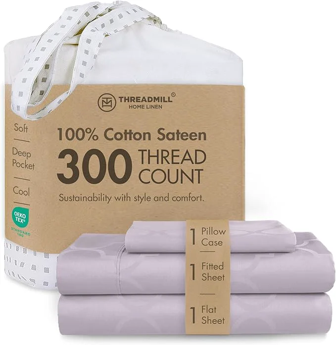 Long-Lasting Threadmill Cotton Twin XL Sheet Set Cotton Sheets for Twin XL Size Bed Damask Jacquard Sateen Twin XL Bed Sheets Set with 16 Deep Pocket Soft Breathable 3-Piece Cooling Sheet Set Lilac Prestigious