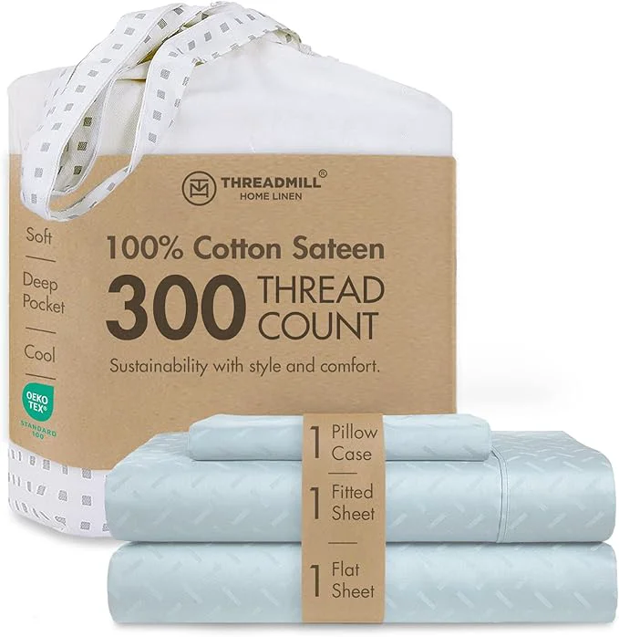 Eco-Friendly Threadmill Cotton Twin XL Sheet Set Cotton Sheets for Twin XL Size Bed Damask Jacquard Sateen Twin XL Bed Sheets Set with 16 Deep Pocket Soft Breathable 3-Piece Cooling Sheet Set Blue Sophisticated