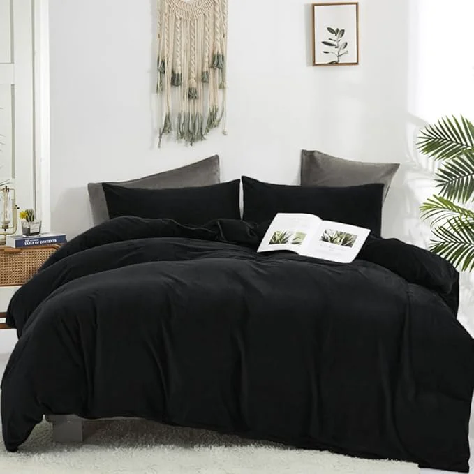 Sophisticated CLOTHKNOW Black Velvet Full Comforter Set 3Pcs High Material Fluffy Bedding Comforter Includes 1 Comforter amp 2 Pillowcases for Sleeping Home Decor Versatile