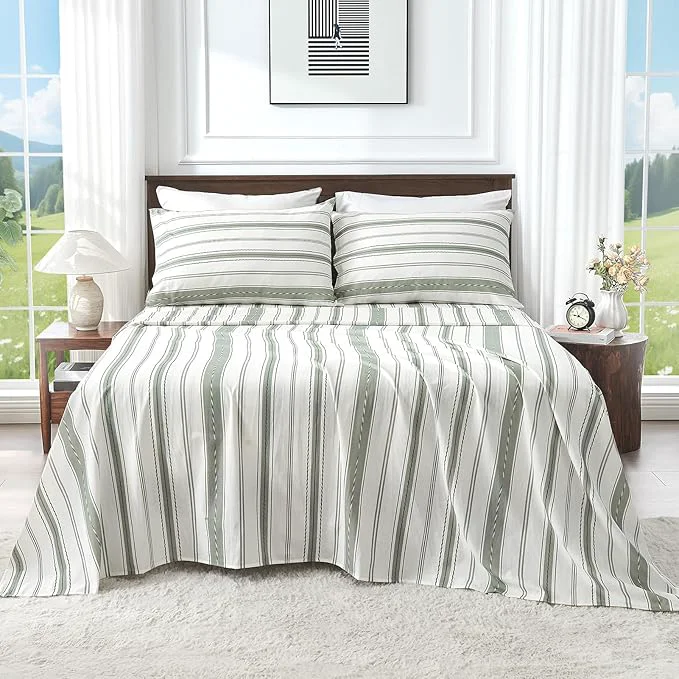 Linen Sheets Queen Size Breathable amp Durable 4-Piece Bed Flax Stripes Sheet Set Soft All-Season Bedding for Hot Sleepers 16 quot Deep Pocket Oeko-TEX （Queen Green Stripes） Contemporary