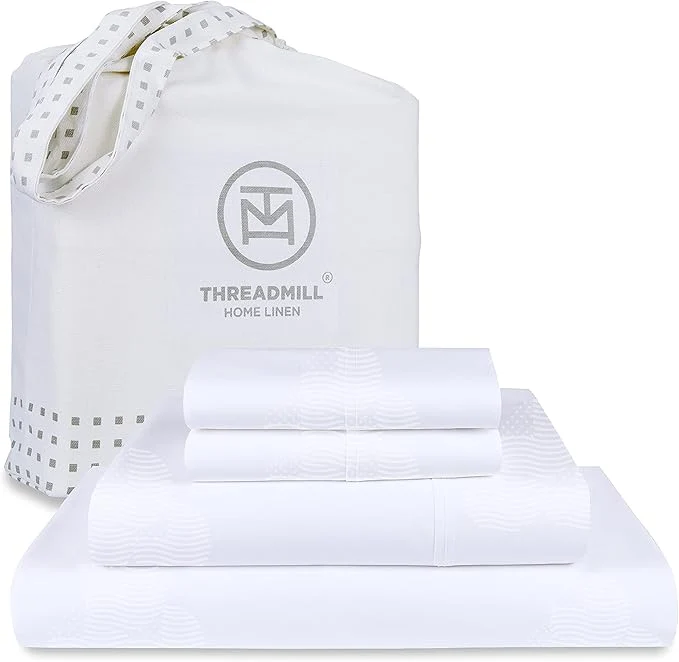 Functional Threadmill Cotton Full Size Sheet Set Cotton Sheets for Full Size Bed Damask Jacquard Full Bed Sheets Set with 16 Deep Pocket Soft Sateen Weave 4-Piece Cooling Bedding Set White Luxury