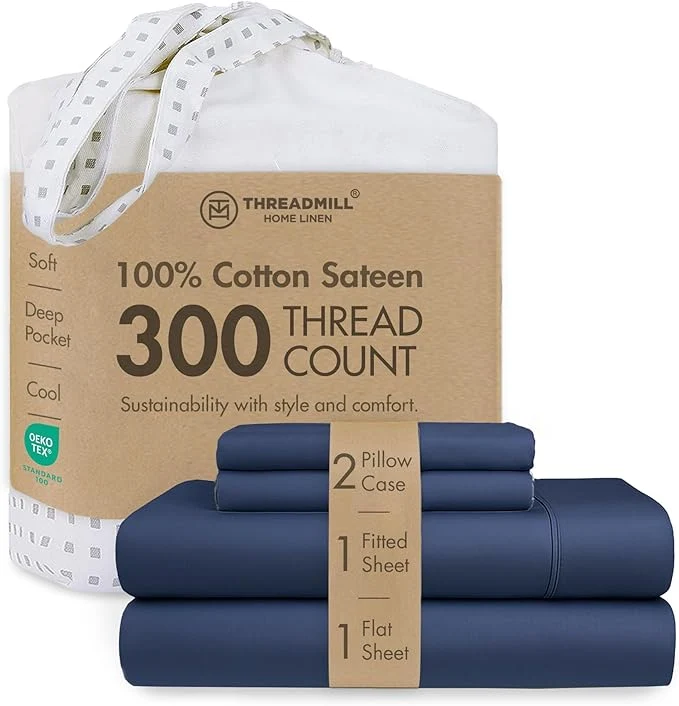 Elegant Threadmill Cotton Queen Sheet Set Cotton Sheets for Queen Size Bed Solid Sateen Queen Bed Sheets Set with 16 Deep Pocket Soft Breathable 4-Piece Cooling Bedding Sheet Set Folkstone Blue Smart