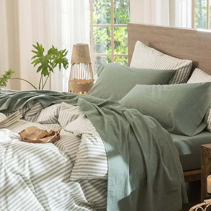 Verified MooMee Bedding Sheet Set Washed Cotton Linen Like Textured Breathable Durable Soft Comfy Heathered Green Twin Enhanced