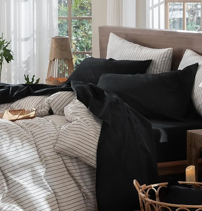 Superior MooMee Bedding Sheet Set Washed Cotton Linen Like Textured Breathable Durable Soft Comfy Solid Black Queen Pure