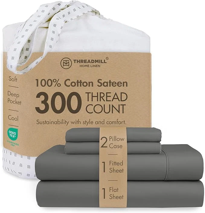 Superior Threadmill Cotton Full Size Sheet Set Cotton Sheets for Full Size Bed Solid Sateen Full Bed Sheets Set with 16 Elasticized Deep Pocket Soft Breathable 4-Piece Cooling Sheet Set Dark Grey Recyclable