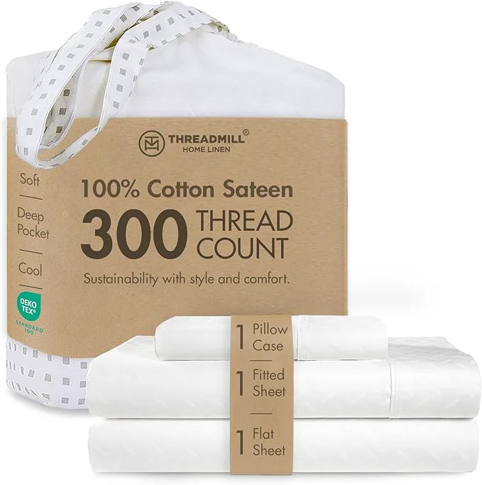 High-End Threadmill Cotton Twin Sheet Set Cotton Sheets for Twin Size Bed Damask Jacquard Sateen Twin Bed Sheets Set with 16 Deep Pocket Soft Breathable 3-Piece Cooling Sheet Set White Trendy