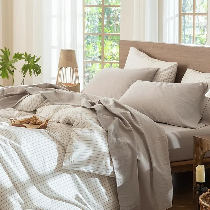 Unique MooMee Bedding Sheet Set Washed Cotton Linen Like Textured Breathable Durable Soft Comfy Heathered Cream Grey King Quality