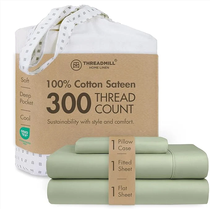 Unique Threadmill Cotton Twin Sheet Set Cotton Sheets for Twin Size Bed Solid Sateen Twin Bed Sheets Set with 16 Deep Pocket Soft Breathable 3-Piece Cooling Sheet Set Sage Green Lightweight