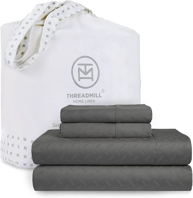 Threadmill Cotton Twin XL Sheet Set Cotton Sheets for Twin XL Size Bed Damask Jacquard Sateen Twin XL Bed Sheets Set with 16 Deep Pocket Soft Breathable 3-Piece Cooling Sheets Dark Grey High-Quality