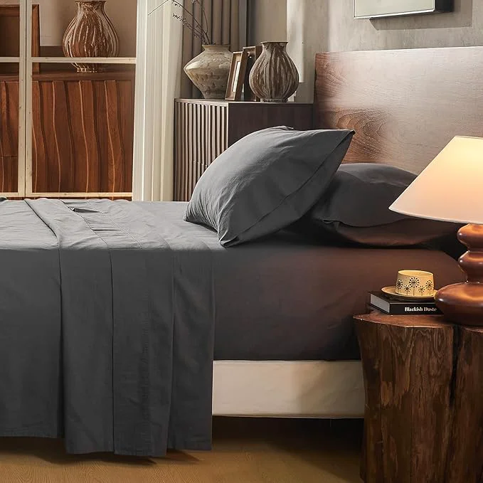 Environmentally Friendly Linen Sheet Set Queen Size Extra Deep Pocket Fits 18-24 Inch Mattress Breathable amp Soft Smooth 4-Piece Set for Thick Mattresses Hotel Luxury Bedding（Queen Dark Grey） Reusable