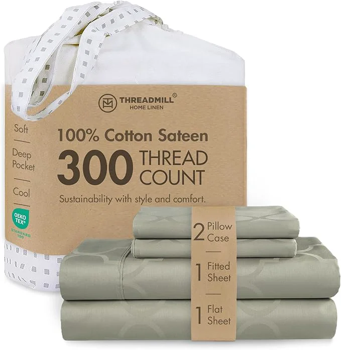 Detailed Threadmill Cotton Full Size Sheet Set Cotton Sheets for Full Size Bed Damask Jacquard Full Bed Sheets Set with 16 Deep Pocket Soft Sateen Weave 4-Piece Cooling Bedding Set Sage Expertly Made