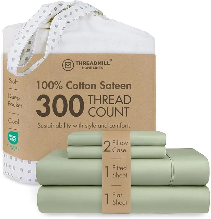 Fashionable Threadmill Cotton Sheets for King Size Bed 4 Pc King Bed Sheets Set Soft Breathable Lightweight Solid Sateen for All-Season Use Snug Fit Elastic Deep Pocket King Sheets Sage Green Organic