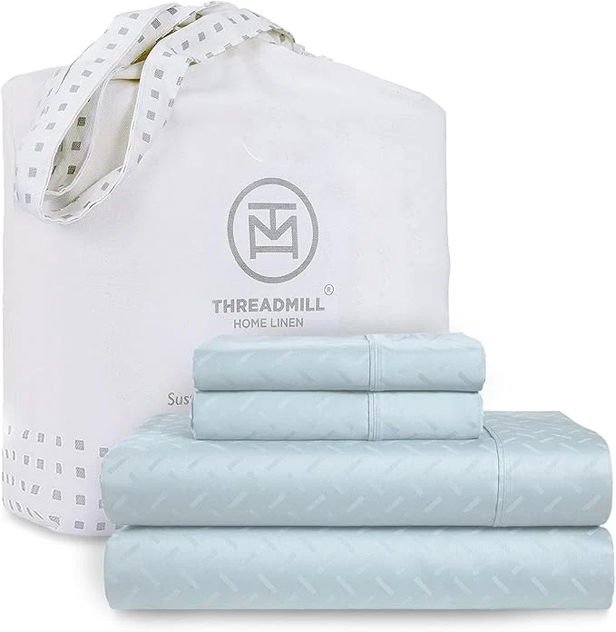 Efficient Threadmill Cotton Queen Sheet Set – Cotton Damask Jacquard Sheets With 16 quot Deep Pocket – Soft Sateen Weave 4-Piece Cooling Bedding for Queen Size Bed – Blue Carefully Designed
