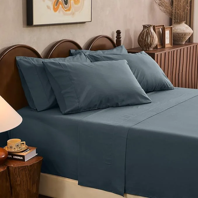 Recyclable Linen Sheet Set Cal King Size Extra Deep Pocket Fits 18-24 Inch Mattress Breathable amp Soft Smooth 6-Piece Set for Thick Mattresses Hotel Luxury Bedding（Cal King Navy Grey）
