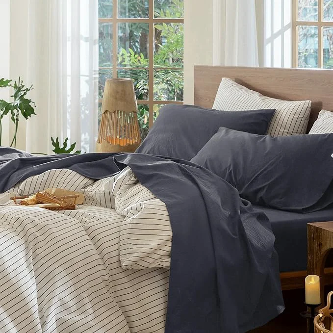 First-Class MooMee Bedding Sheet Set Washed Cotton Linen Like Textured Breathable Durable Soft Comfy Solid Deep Grey Queen Fast