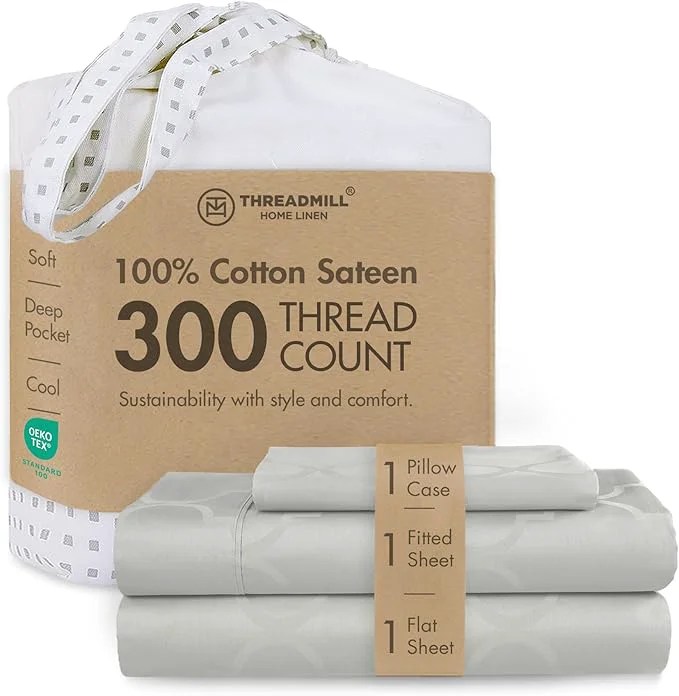 Effective Threadmill Cotton Twin Sheet Set Cotton Sheets Damask Jacquard Sateen Sheets Set with 16 Deep Pocket 3-Piece Cooling Sheet Set Light Grey Certified