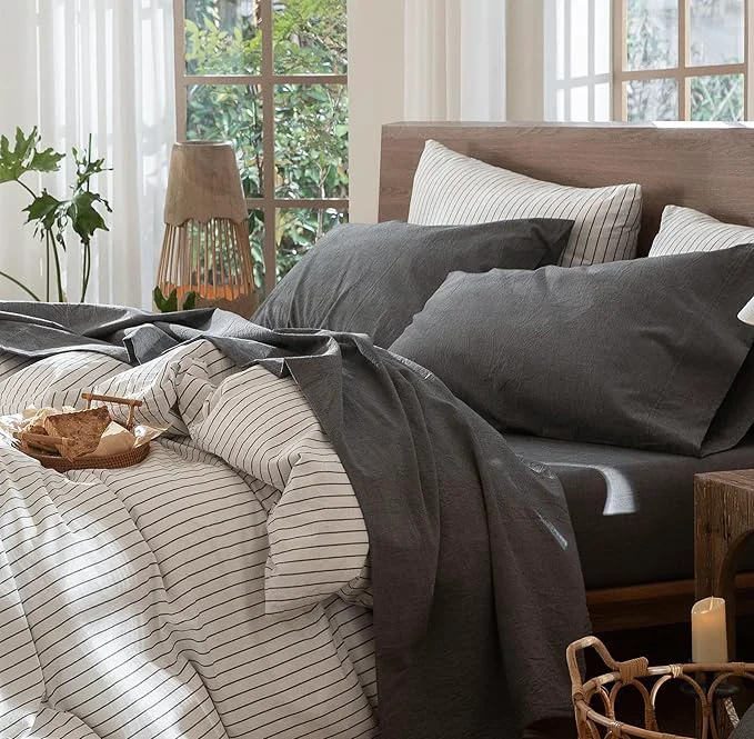 User-Friendly MooMee Bedding Sheet Set Washed Cotton Linen Like Textured Breathable Durable Soft Comfy Heathered Dark Grey King Recyclable